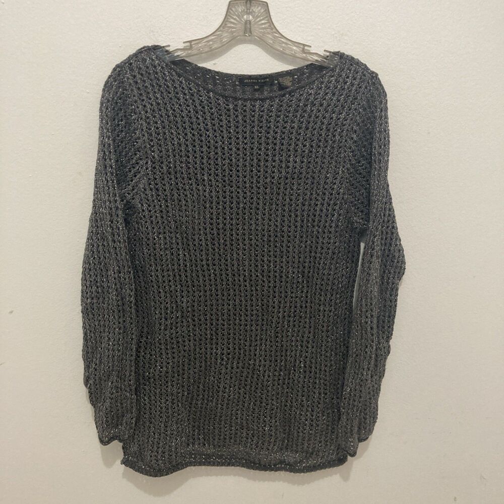 JEANNE PIERRE gray silver metallic open knit long sleeve scoop neck sweater XL